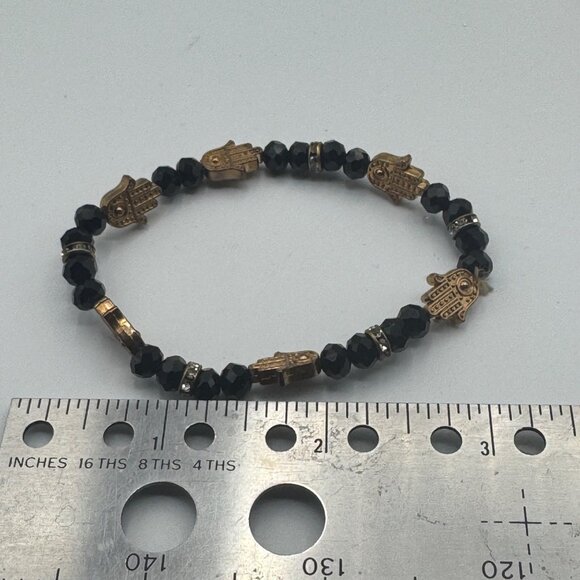 Copper Hamsa Hand & Black Beaded Stretch Bracelet - Picture 4 of 4